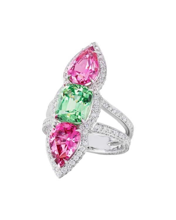 Three Stone Earth-Mined Spinel, Mint Garnet and Diamond Ring