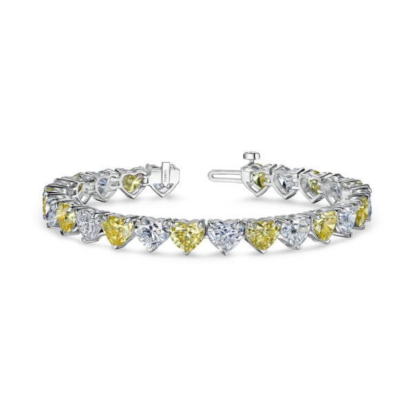 Yellow and White Heart Cut Lab-Grown Diamond Tennis Bracelet