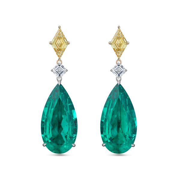 Yellow and White Lab-Grown Diamonds, Emerald Drop Earrings