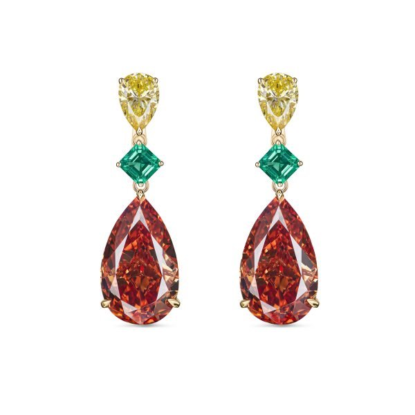 Earth-Mined Brown Topaz, Lab-Grown Yellow Diamonds and Emeralds Drop Cocktail Earrings