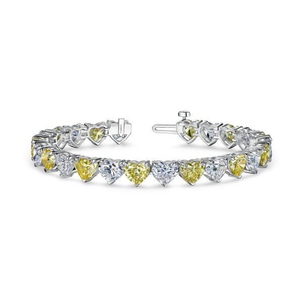 Yellow and White Heart Cut Lab-Grown Diamond Tennis Bracelet